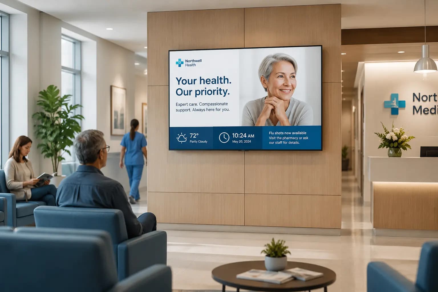 Screeno digital signage in a hospital lobby displaying patient information