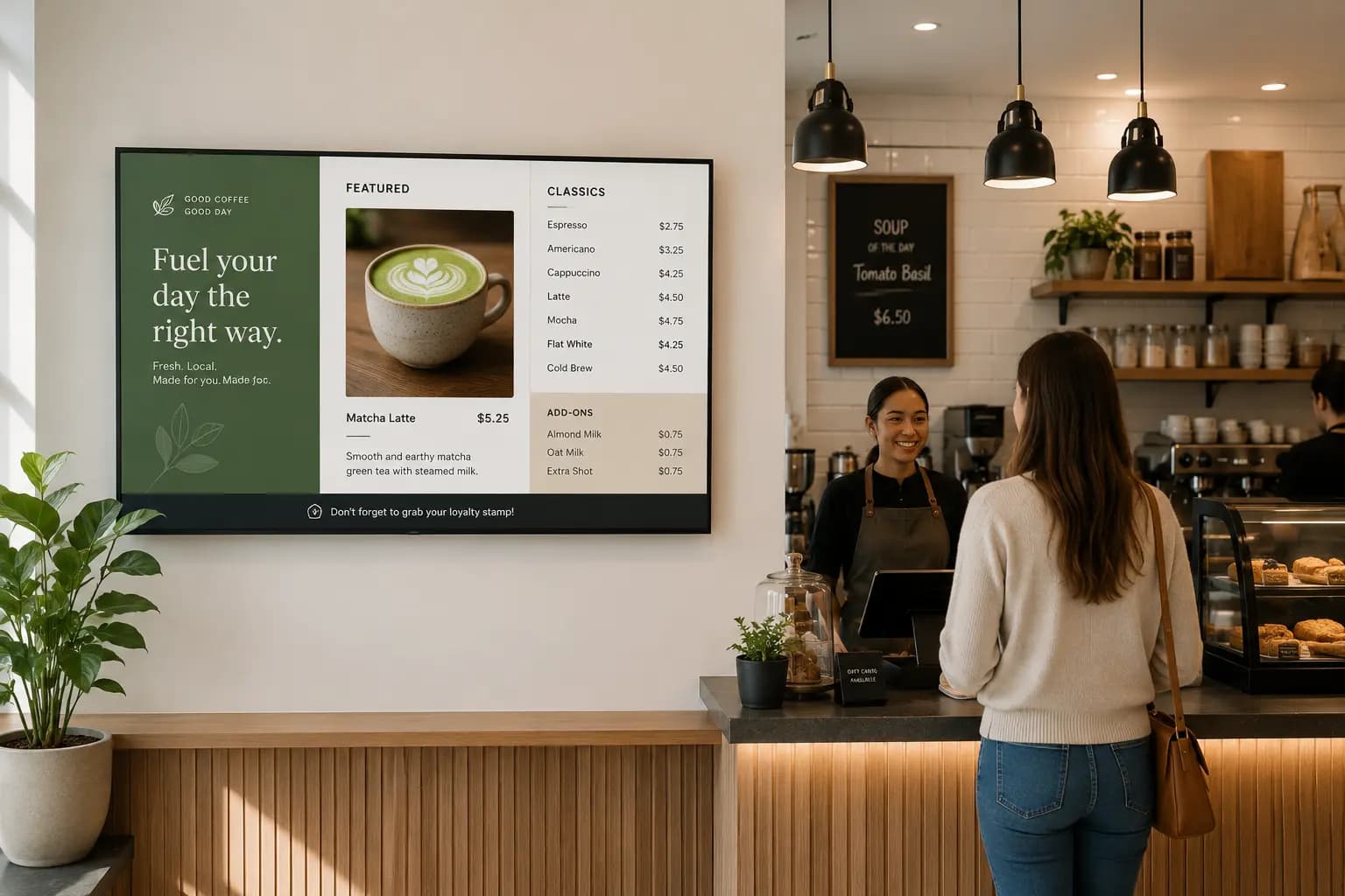 Screeno digital menu board in a restaurant showing daily specials