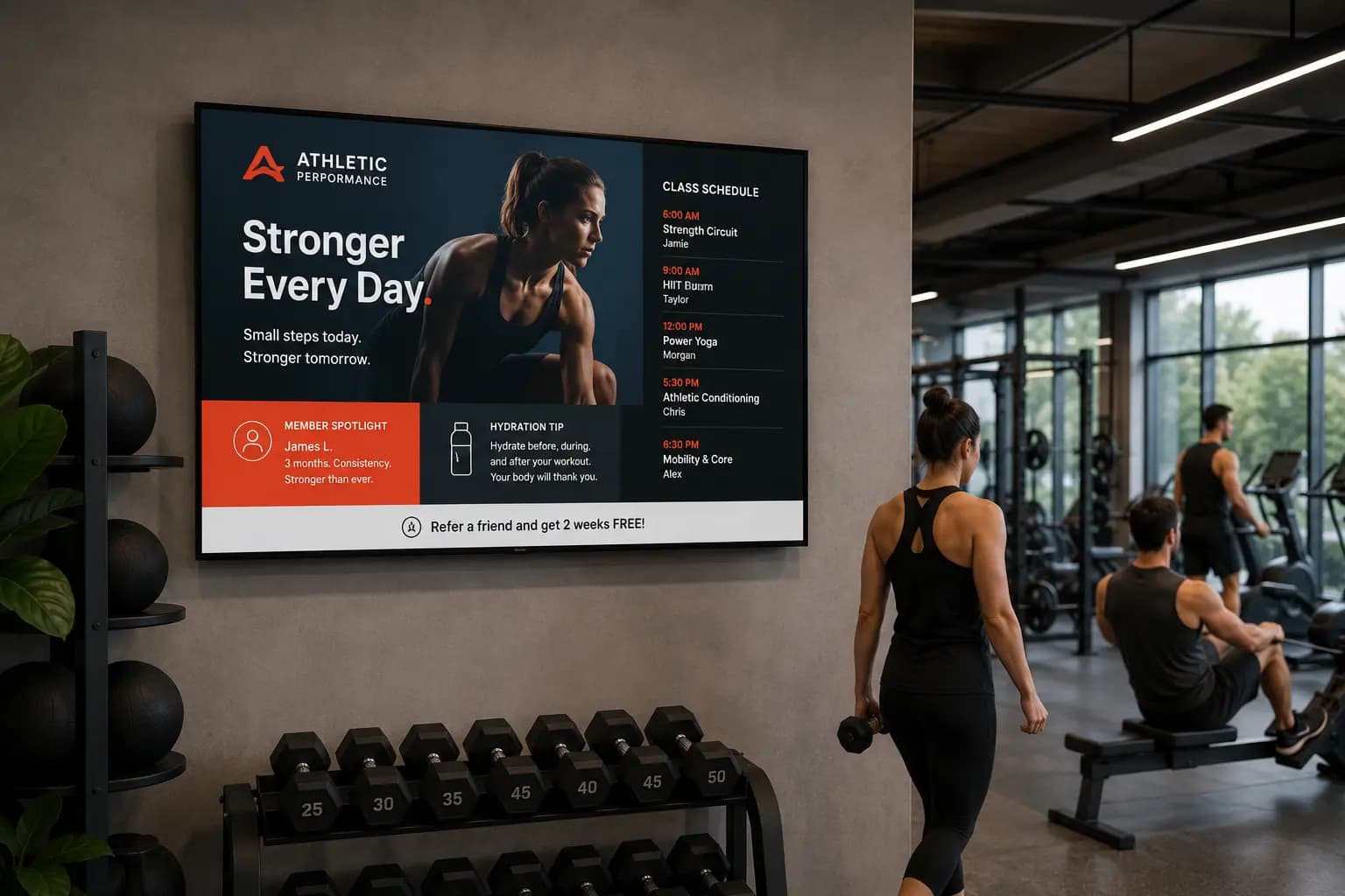 Screeno digital display in a gym showing class schedules