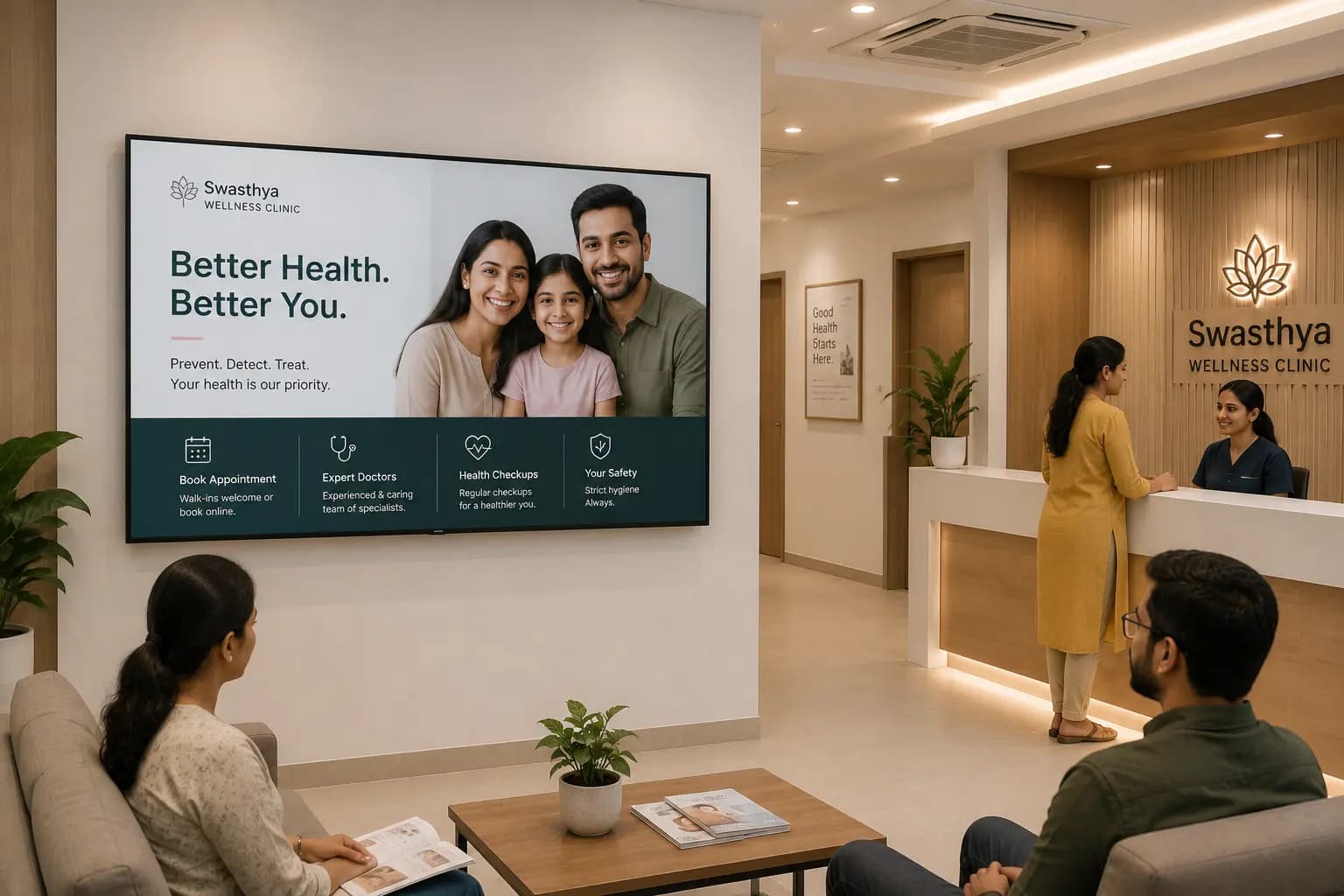 Screeno digital signage in a clinic showing doctor availability